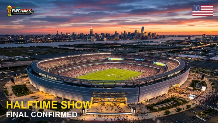 MetLife Stadium hosting the FIFA World Cup 2026 Final Halftime Show featuring Madonna, Shakira, and BTS.
