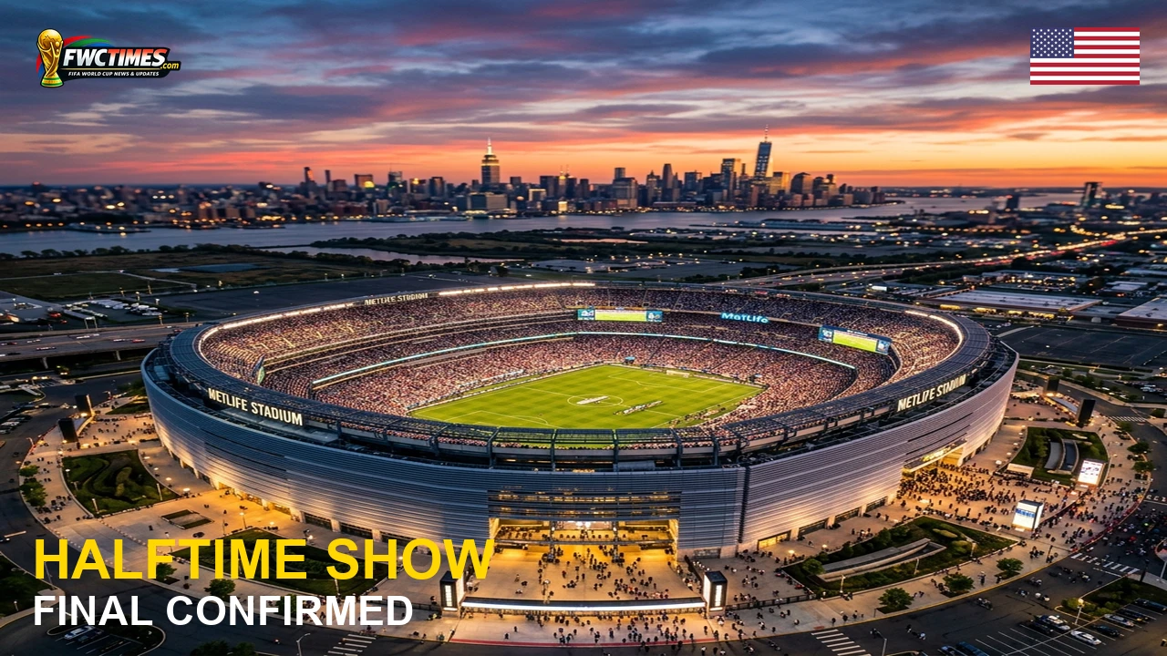 MetLife Stadium hosting the FIFA World Cup 2026 Final Halftime Show featuring Madonna, Shakira, and BTS.
