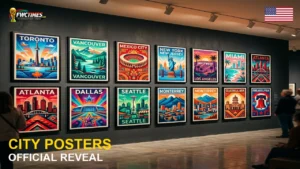 A cinematic montage of vibrant and stylized official FIFA World Cup 2026 host city posters for North American venues.