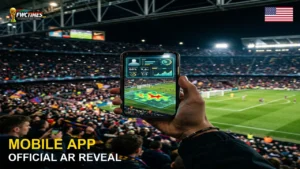 A fan holding a smartphone in a stadium with an Augmented Reality (AR) overlay of tactical stats from the official World Cup 2026 mobile app.