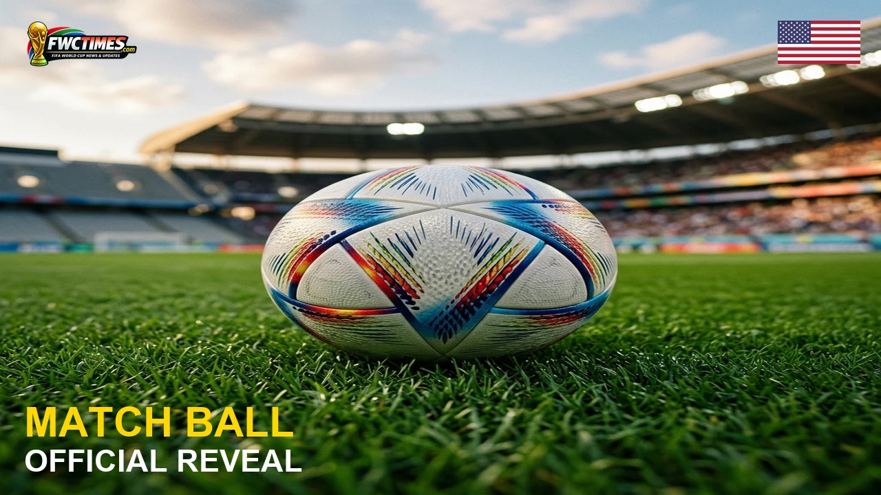 A cinematic close-up of the official FIFA World Cup 2026 match ball resting on a stadium pitch, showcasing its futuristic and colorful design.