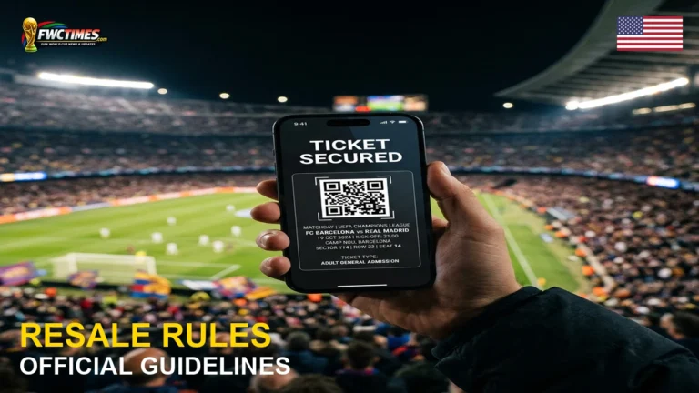 A high-fidelity digital smartphone displaying a World Cup 2026 match ticket representing the official resale platform rules.