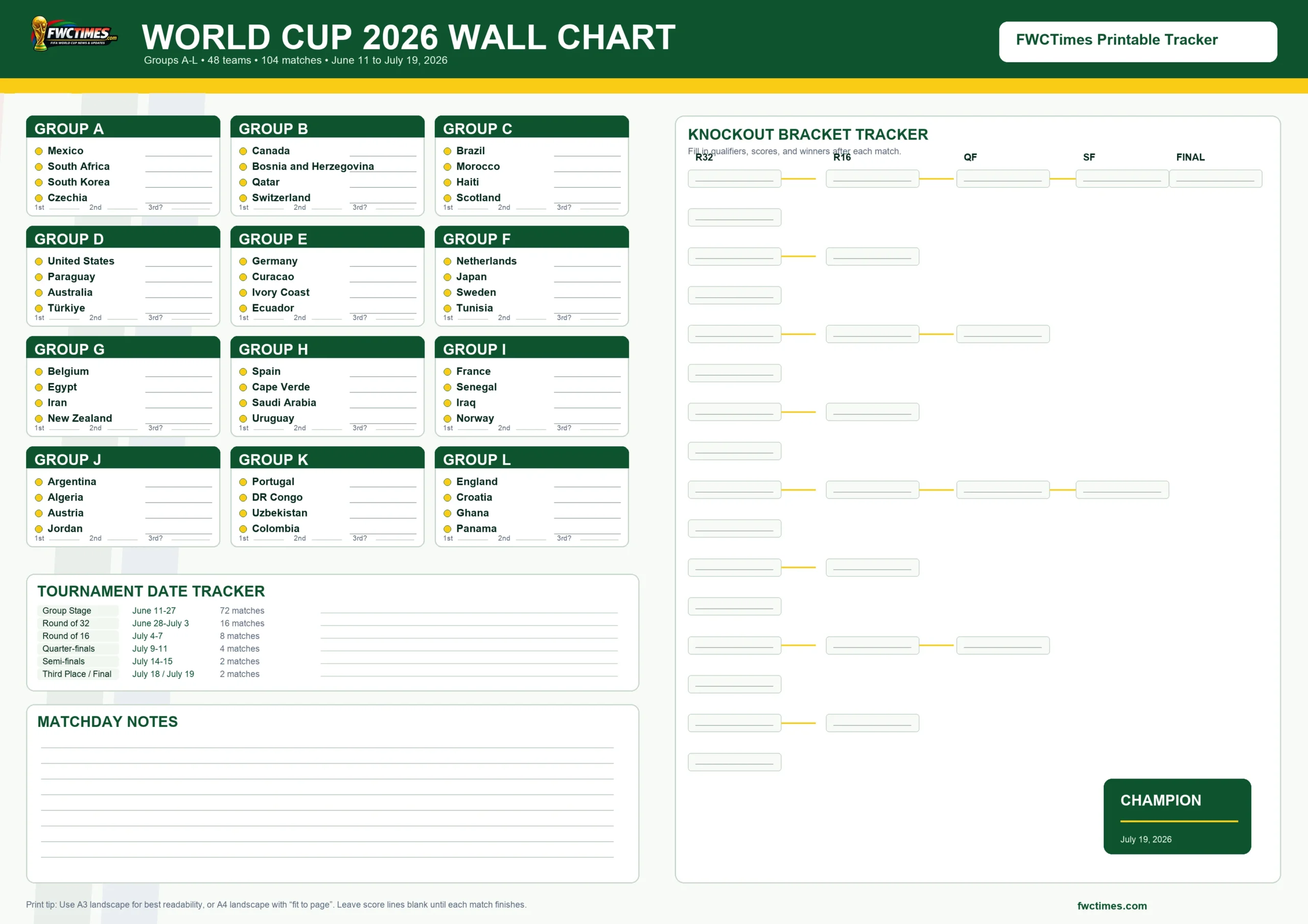 World Cup 2026 printable wall chart with groups and knockout tracker