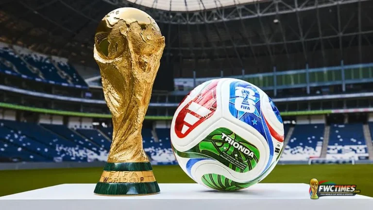 FIFA World Cup 2026 trophy and match ball during the warm-up period