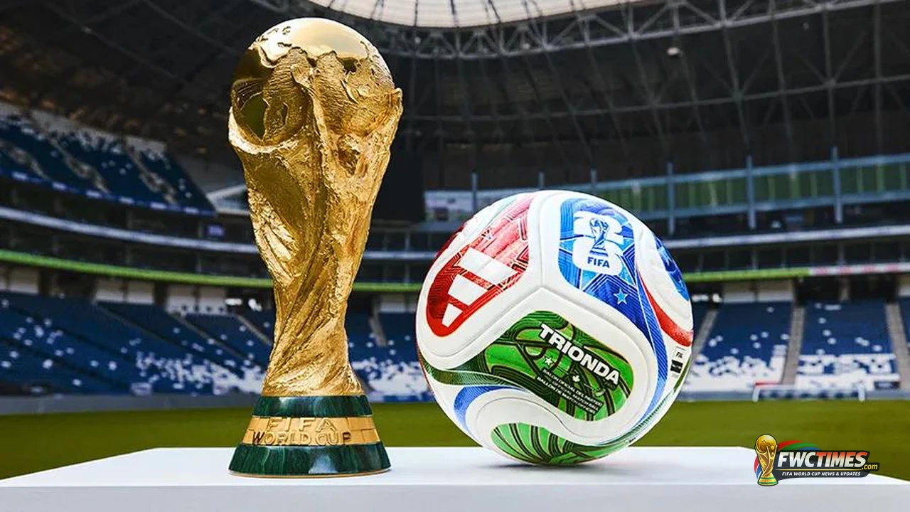 FIFA World Cup 2026 trophy and match ball during the warm-up period