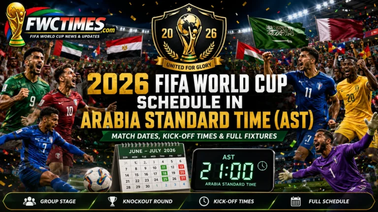 2026 FIFA World Cup schedule in Arabia Standard Time AST with match dates, kickoff times, group stage, knockout round, and full fixtures.