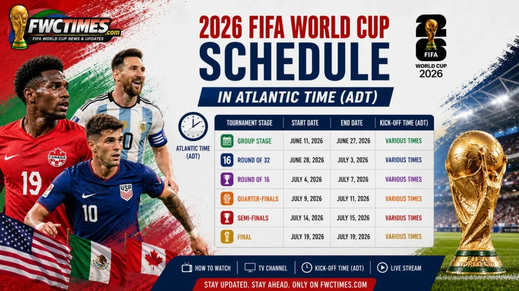 2026 FIFA World Cup schedule in Atlantic Time with ADT match dates, kickoff times, venues, and key fixtures for fans.