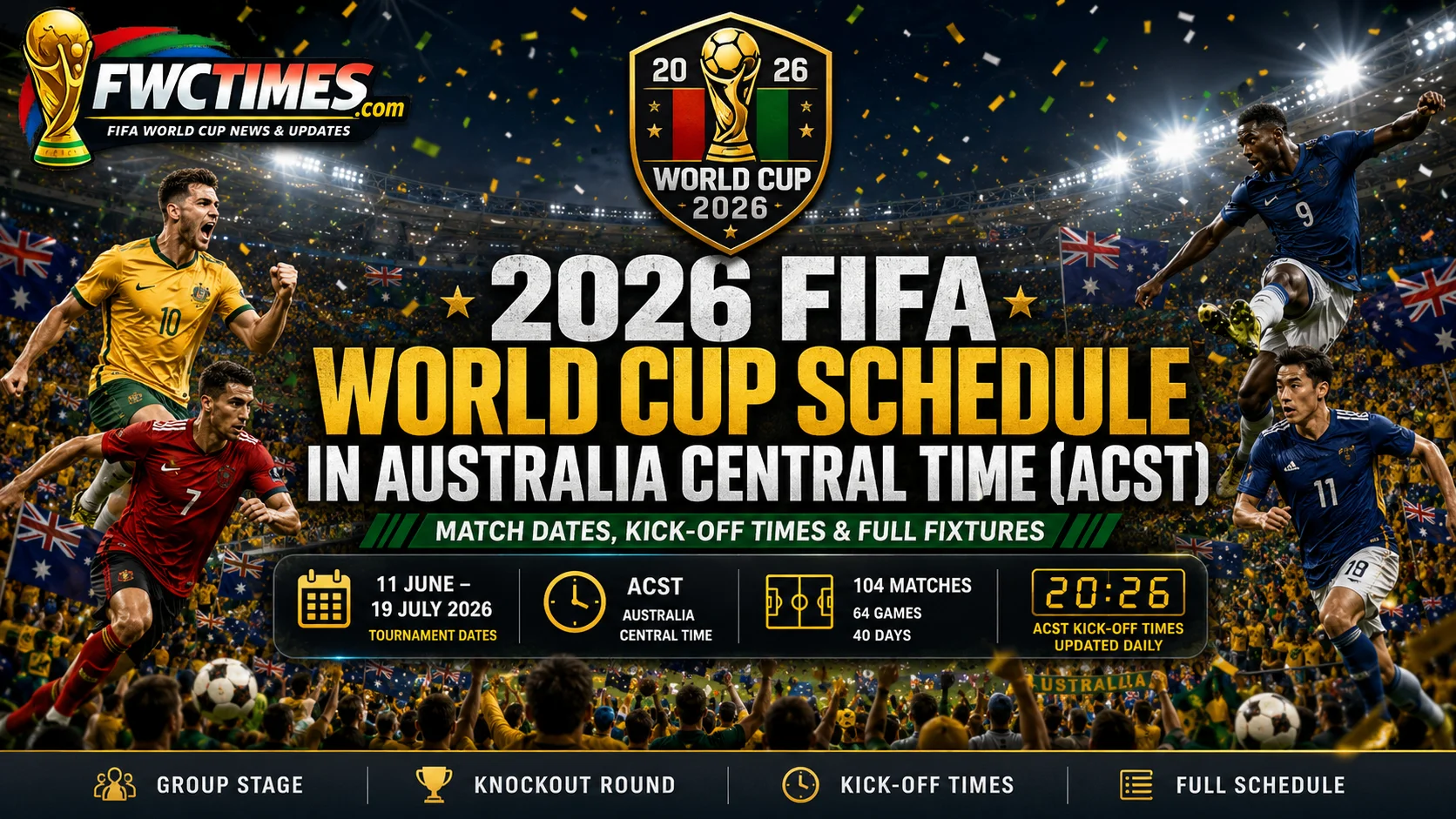 2026 FIFA World Cup schedule in Australia Central Time ACST with match dates, kickoff times, group stage, knockout round, and full fixtures.