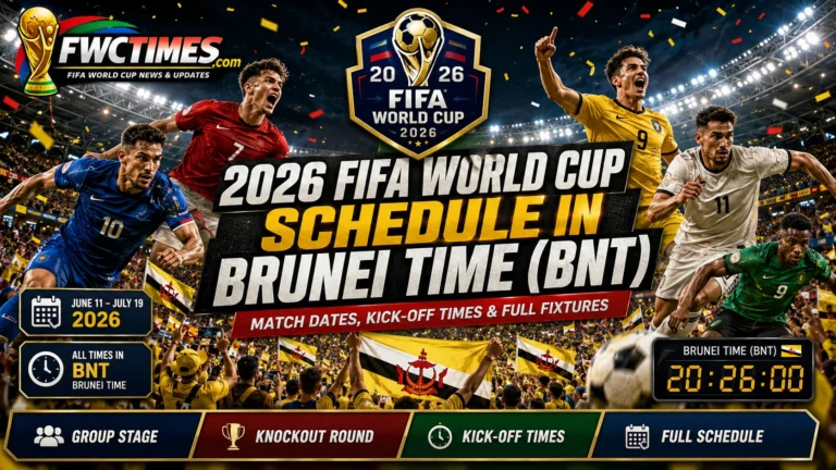 2026 FIFA World Cup schedule in Brunei Time BNT with match dates, kickoff times, group stage, knockout round, and full fixtures.