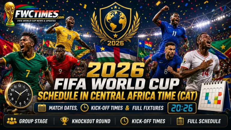 2026 FIFA World Cup schedule in Central Africa Time CAT with match dates, kickoff times, group stage, knockout round, and full fixtures.