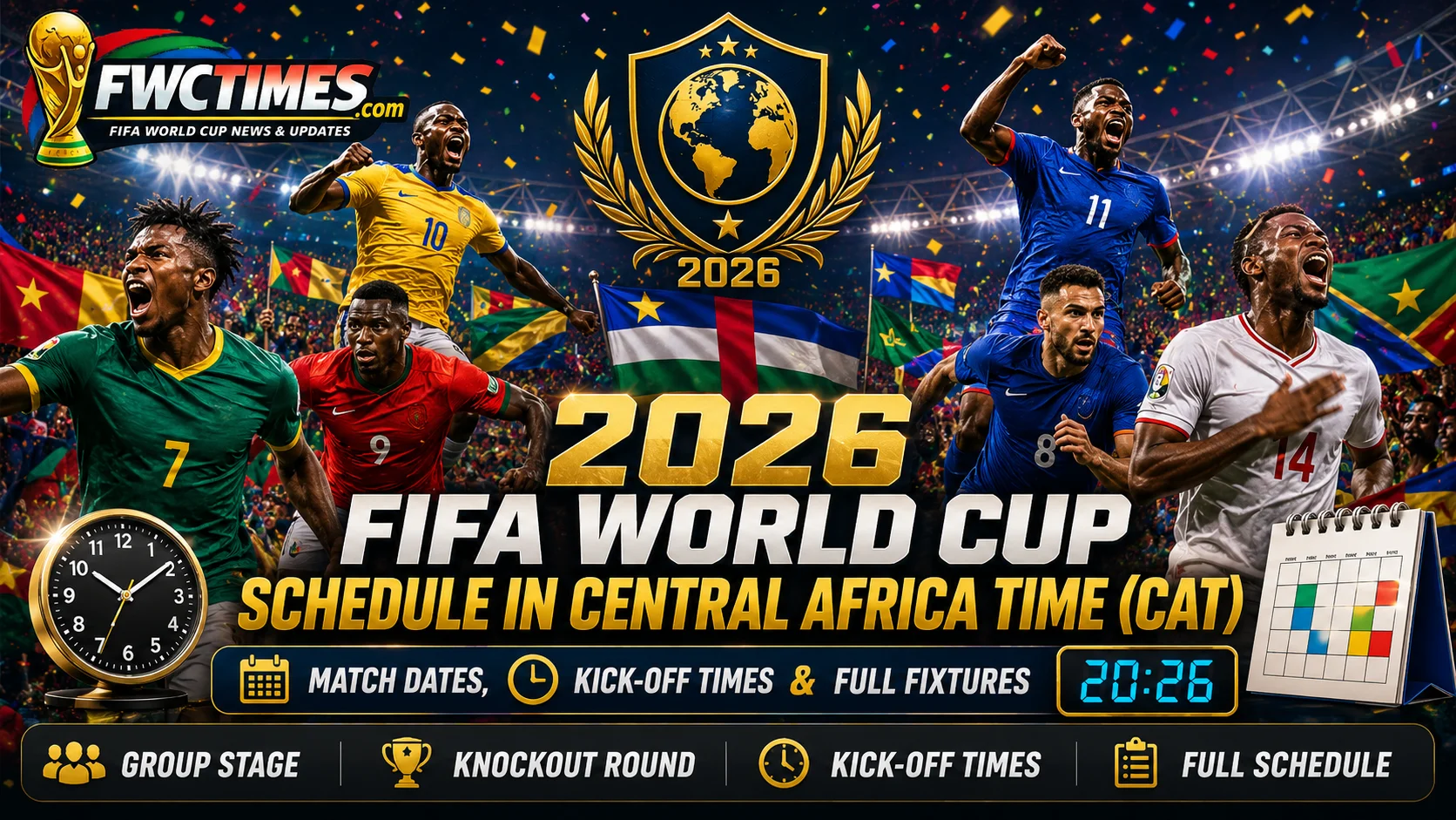2026 FIFA World Cup schedule in Central Africa Time CAT with match dates, kickoff times, group stage, knockout round, and full fixtures.
