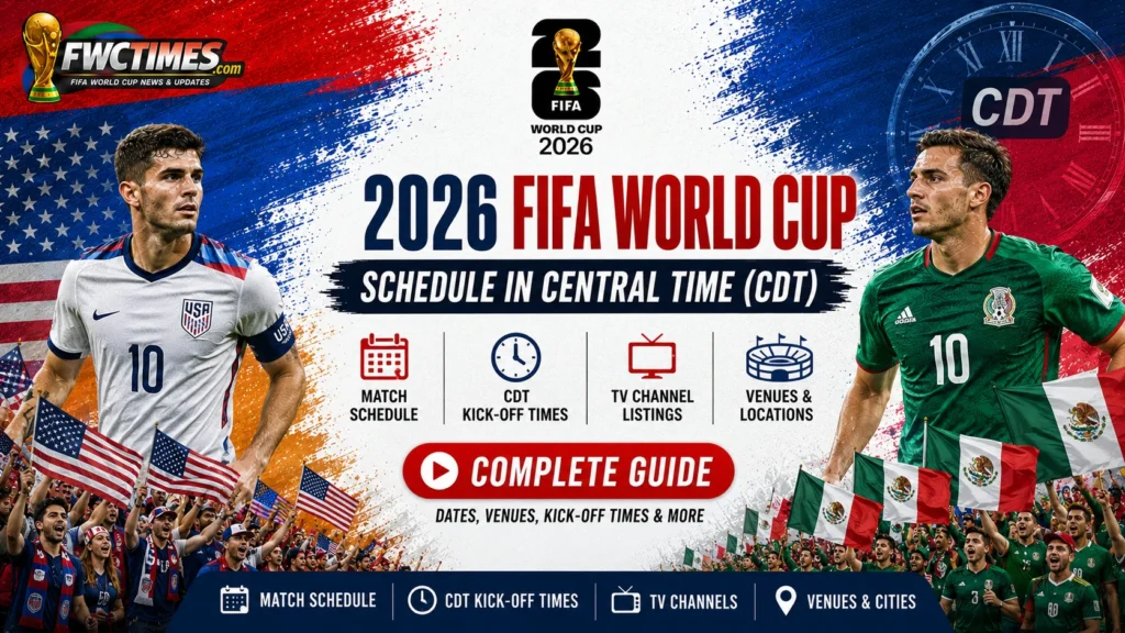 2026 FIFA World Cup schedule in Central Time with CDT match dates, kickoff times, venues, and key fixtures for fans.