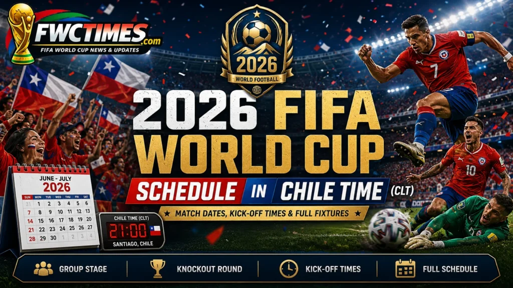 2026 FIFA World Cup schedule in Chile Time CLT with match dates, kickoff times, group stage, knockout round, and full fixtures.