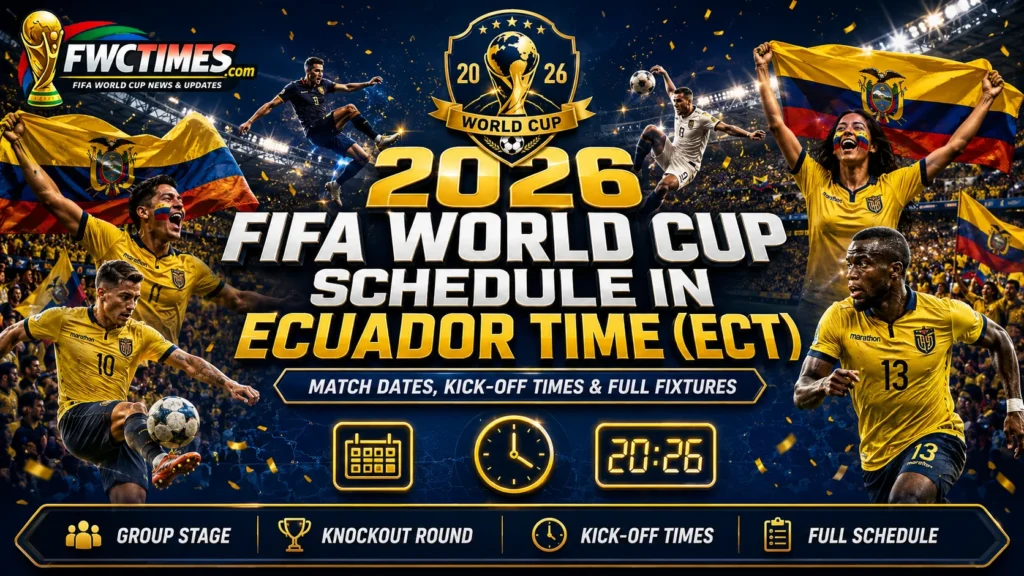 2026 FIFA World Cup schedule in Ecuador Time ECT with match dates, kickoff times, group stage, knockout round, and full fixtures.