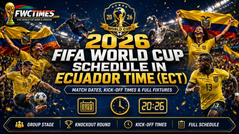 2026 FIFA World Cup schedule in Ecuador Time ECT with match dates, kickoff times, group stage, knockout round, and full fixtures.