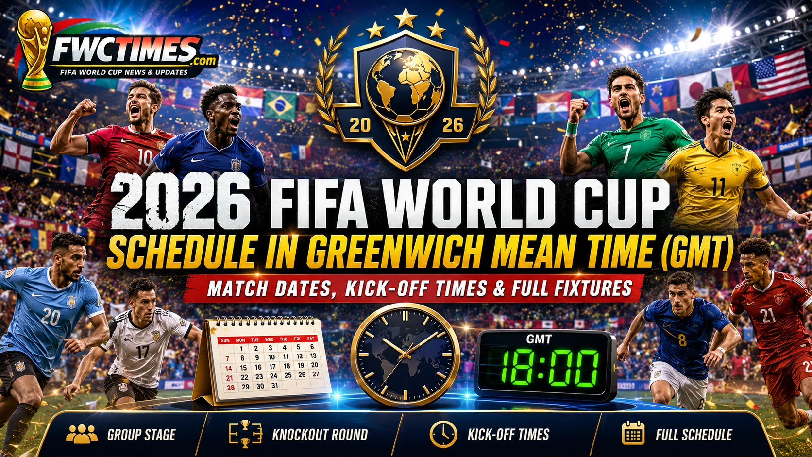 2026 FIFA World Cup schedule in Greenwich Mean Time GMT with match dates, kickoff times, group stage, knockout round, and full fixtures.