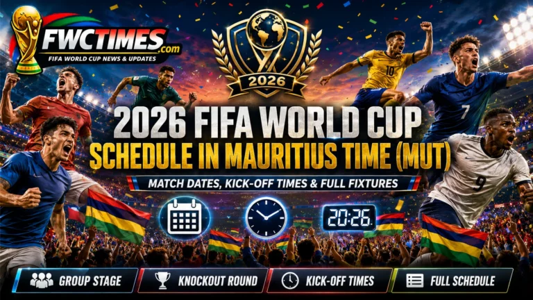 2026 FIFA World Cup schedule in Mauritius Time MUT with match dates, kickoff times, group stage, knockout round, and full fixtures.