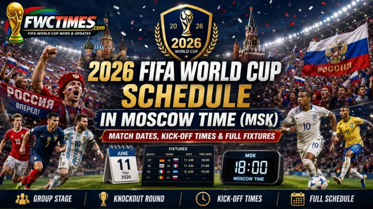 2026 FIFA World Cup schedule in Moscow Time MSK with match dates, kickoff times, group stage, knockout round, and full fixtures.