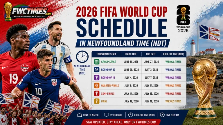 2026 FIFA World Cup schedule in Newfoundland Time with NDT match dates, kickoff times, venues, and key fixtures for fans.
