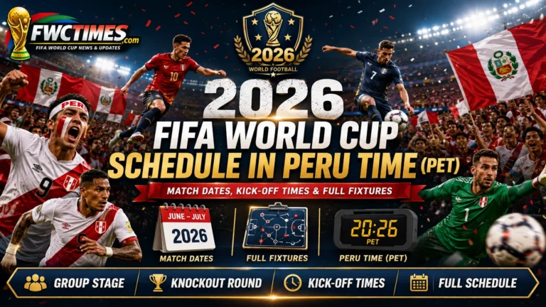 2026 FIFA World Cup schedule in Peru Time PET with match dates, kickoff times, group stage, knockout round, and full fixtures.