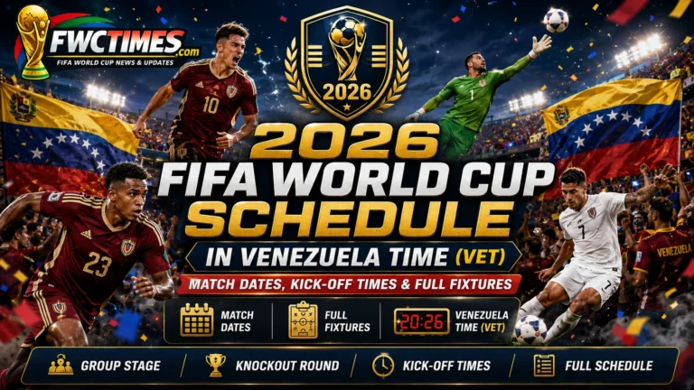 2026 FIFA World Cup schedule in Venezuela Time VET with match dates, kickoff times, group stage, knockout round, and full fixtures.