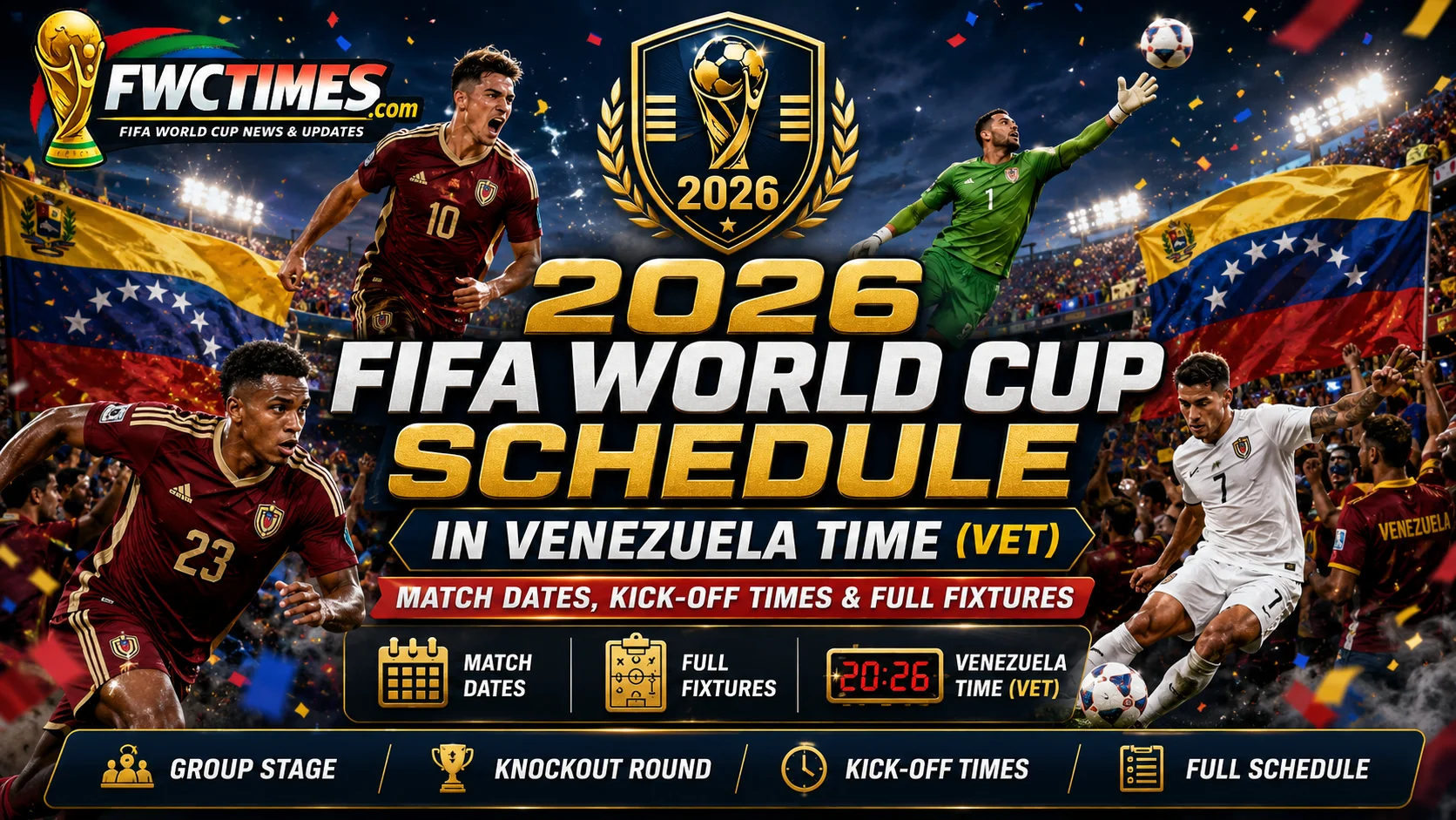 2026 FIFA World Cup schedule in Venezuela Time VET with match dates, kickoff times, group stage, knockout round, and full fixtures.