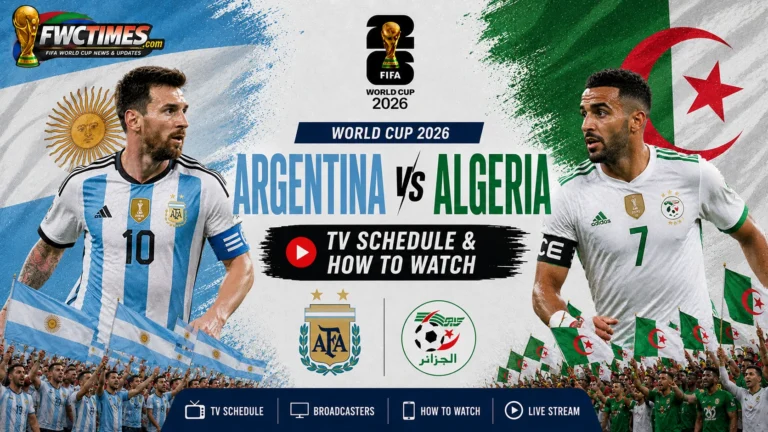 Argentina vs Algeria World Cup 2026 TV Schedule graphic featuring kickoff time, TV channels, streaming options, and how to watch match coverage.