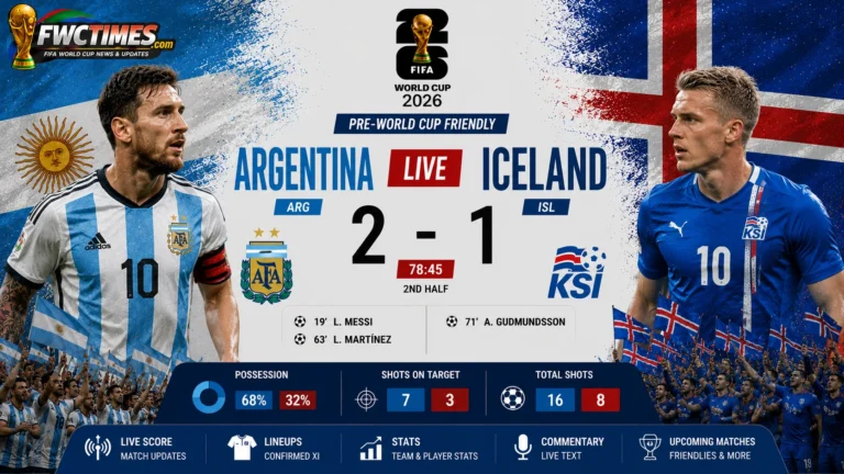 Argentina vs Iceland Live Score, Result & Lineups Pre-World Cup Friendly graphic featuring both teams, live updates, match result, and starting XIs.
