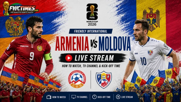 Armenia vs Moldova Live Stream, How to Watch, TV Channel & Kick-off Time graphic featuring both teams, streaming details, TV coverage, and match schedule.