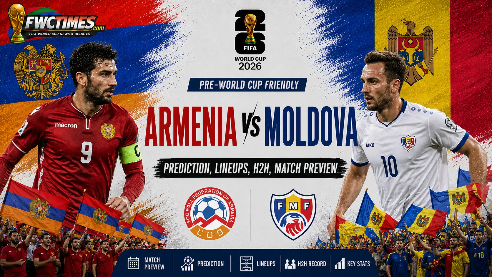 Armenia vs Moldova Prediction, Lineups, H2H, Match Preview graphic featuring both teams, head-to-head stats, predicted XIs, and match insights.