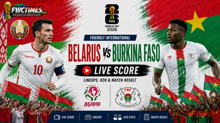 Belarus vs Burkina Faso Live Score, Lineups and Match Result Friendly International graphic featuring both teams, live updates, result, and starting XIs.