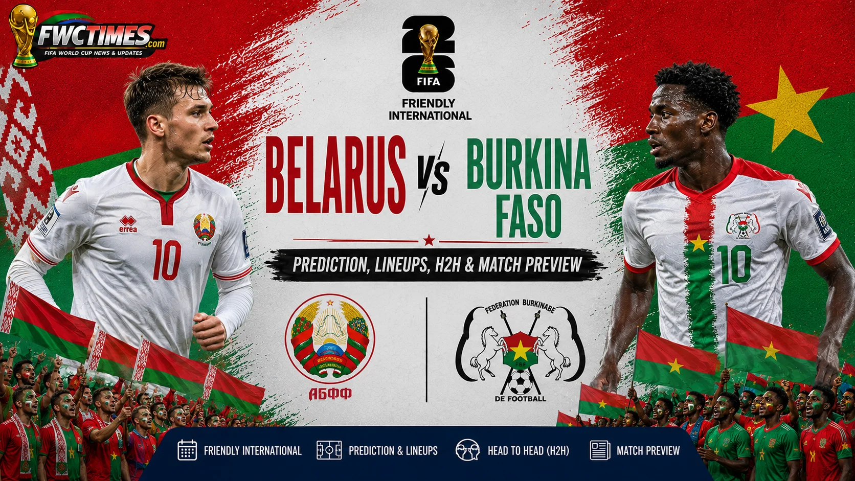 Belarus vs Burkina Faso Prediction, Lineups, H2H, Match Preview graphic featuring both teams, head-to-head stats, predicted XIs, and match insights.