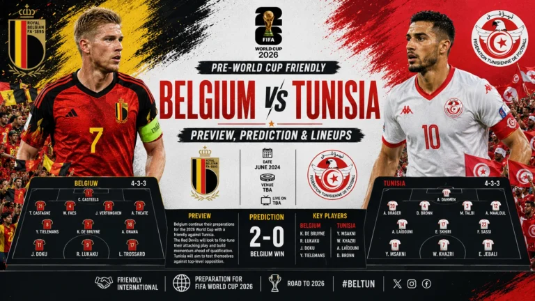 Belgium vs Tunisia Preview, Prediction & Lineups Pre-World Cup Friendly graphic featuring both teams, key players, predicted lineups, and match analysis.