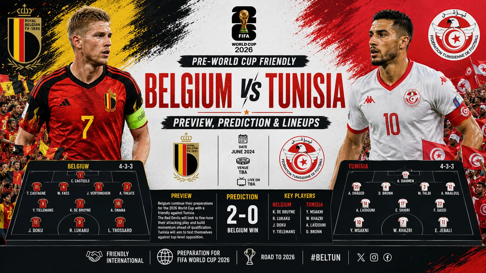 Belgium vs Tunisia Preview, Prediction & Lineups Pre-World Cup Friendly graphic featuring both teams, key players, predicted lineups, and match analysis.