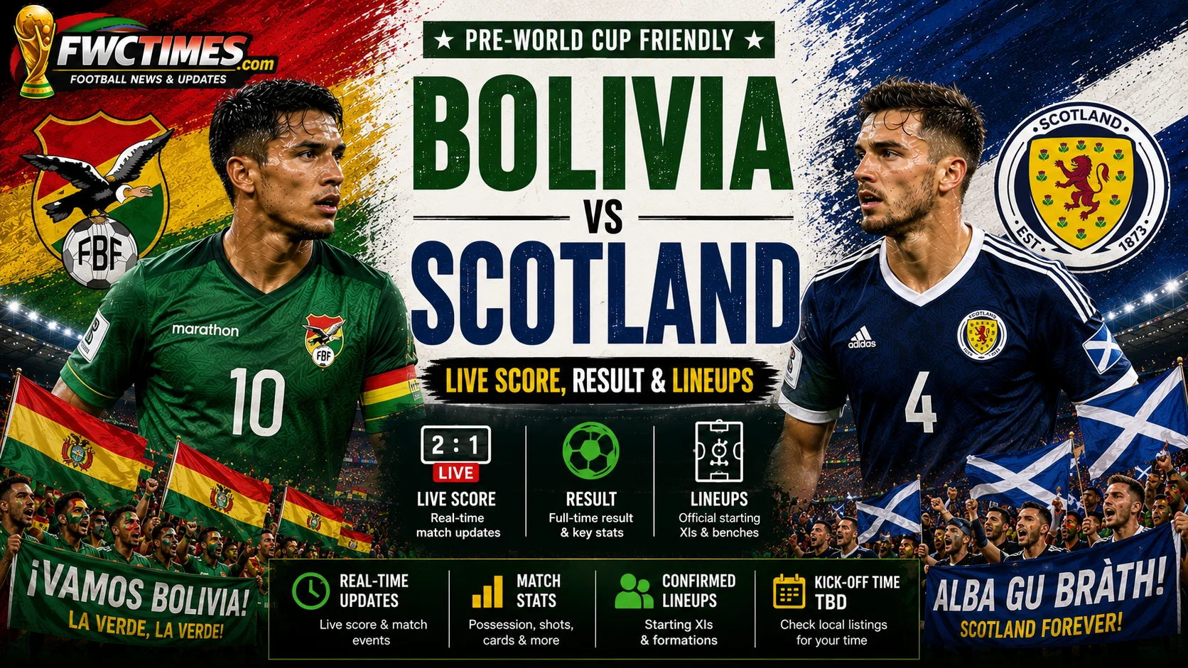 Bolivia vs Scotland Match Live Score & Lineups Pre-World Cup Friendly graphic featuring both teams, live updates, match result, and starting XIs.