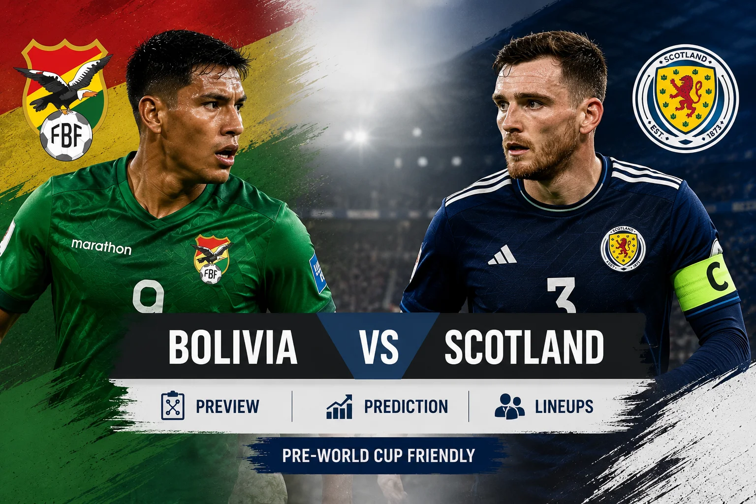 Bolivia vs Scotland Prediction & Lineups Pre-World Cup Friendly graphic featuring both teams, key players, predicted XIs, and match analysis.