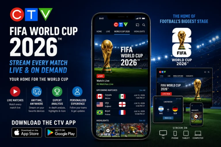 CTV App FIFA World Cup 2026 Streaming App graphic showcasing live match streaming, schedules, highlights, and World Cup coverage on mobile devices.