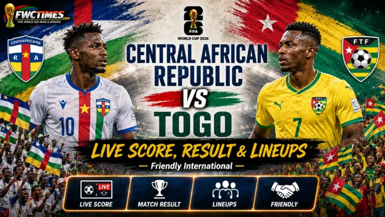 Central African Republic vs Togo Live Score, Result & Lineups Friendly International – match graphic with team crests, live updates, and starting XIs.