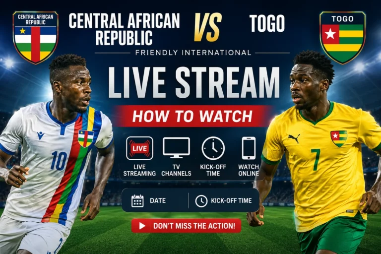 Watch Central African Republic vs Togo live stream guide featuring team graphics, TV channel details, kick-off time, and match viewing information.