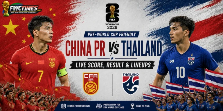 China PR vs Thailand Live Score, Result & Lineups Pre-World Cup Friendly graphic featuring both teams, live updates, match result, and starting lineups.