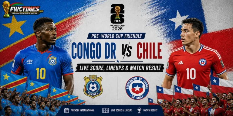 Congo DR vs Chile Live Score, Lineups and Match Result Pre-World Cup Friendly graphic featuring both teams, live updates, result, and starting XIs.