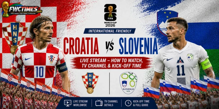 Croatia vs Slovenia Live Stream, How to Watch, TV Channel & Kick-off Time graphic featuring both teams, streaming details, TV coverage, and match schedule.