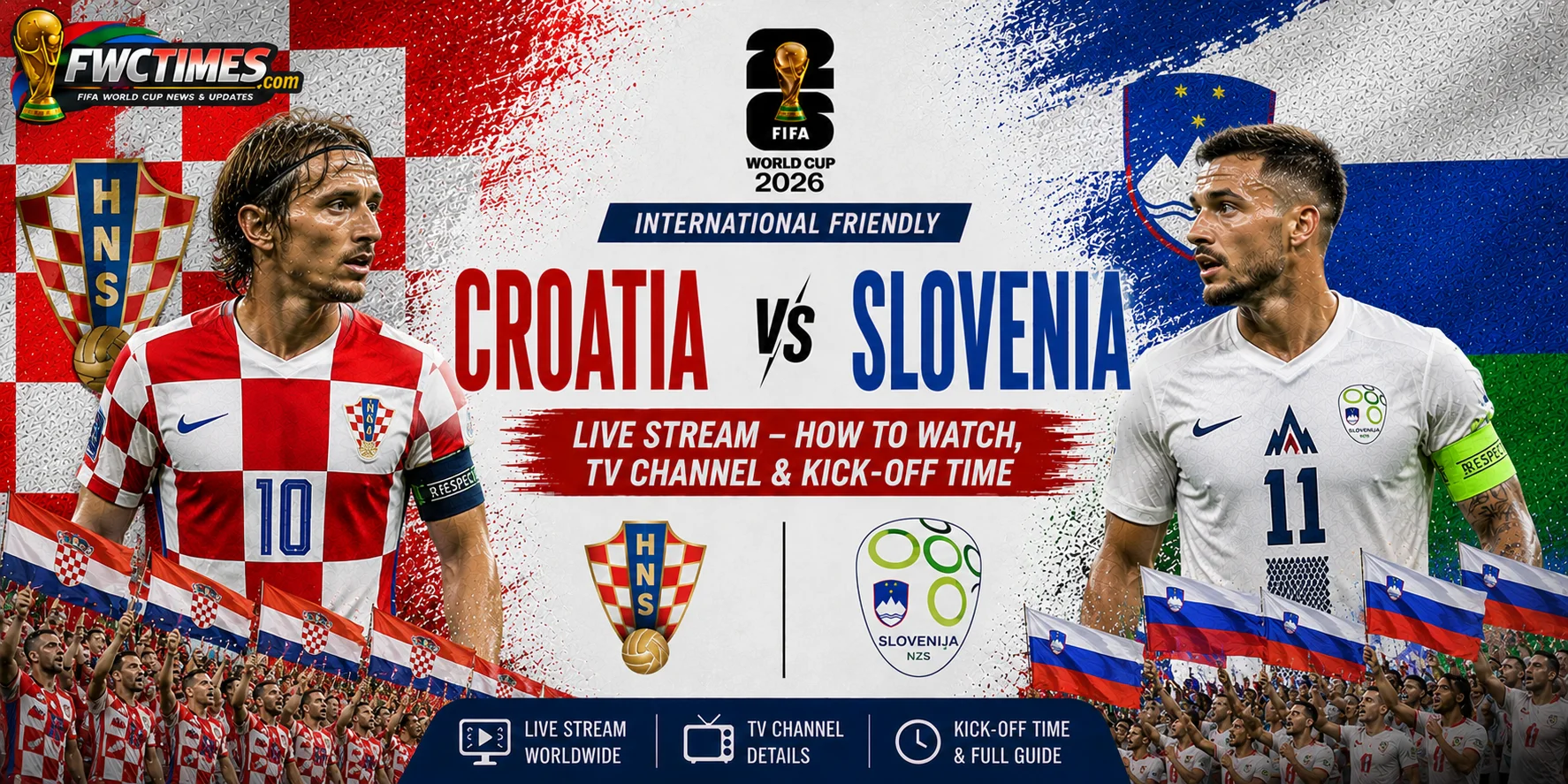 Croatia vs Slovenia Live Stream, How to Watch, TV Channel & Kick-off Time graphic featuring both teams, streaming details, TV coverage, and match schedule.