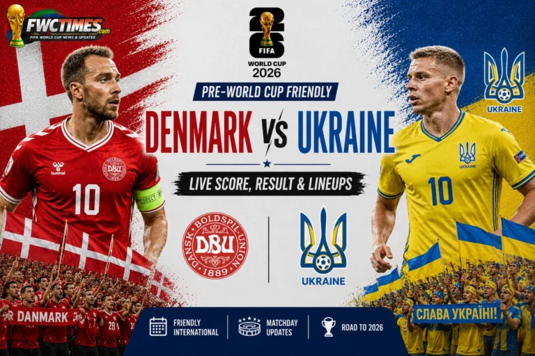Denmark vs Ukraine Live Score, Result & Lineups Pre-World Cup Friendly graphic featuring both teams, live updates, match result, and starting XIs