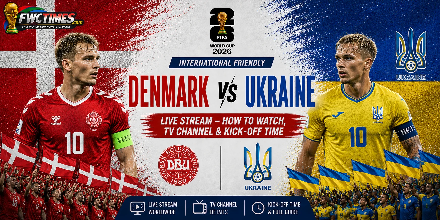 Denmark vs Ukraine Live Stream, How to Watch, TV Channel & Kick-off Time graphic featuring both teams, streaming details, TV coverage, and match schedule.
