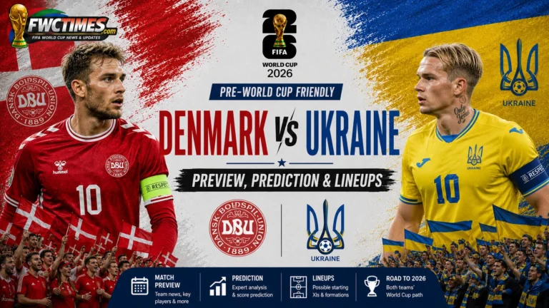 Denmark vs Ukraine Preview, Prediction & Lineups Pre-World Cup Friendly graphic featuring both teams, key players, predicted lineups, and match analysis.