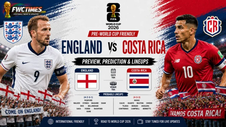 England vs Costa Rica Preview, Prediction & Lineups Pre-World Cup Friendly graphic featuring both teams, key players, predicted lineups, and match analysis.