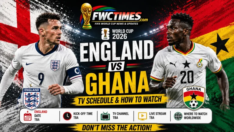 England vs Ghana World Cup 2026 TV schedule graphic with streaming and channel details—click to see how to watch live.