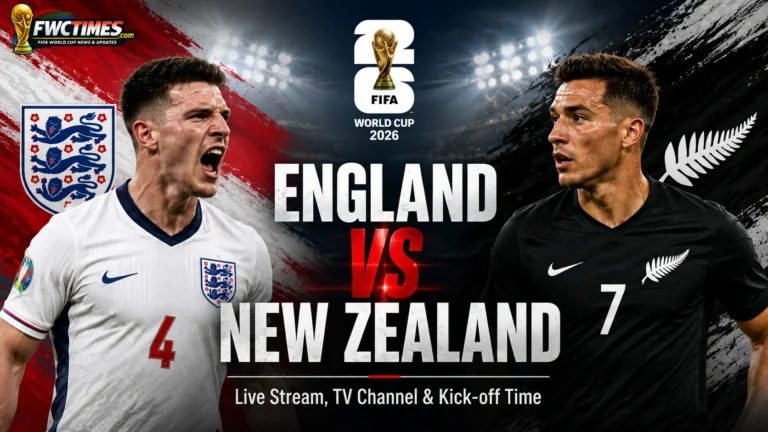 England vs New Zealand Live Stream, How to Watch, TV Channel & Kick-off Time graphic featuring both teams, streaming details, TV coverage, and match schedule.