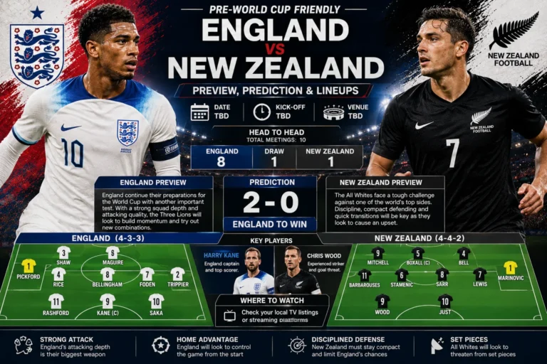 England vs New Zealand Preview, Prediction & Lineups Pre-World Cup Friendly graphic featuring both teams, key players, predicted lineups, and match analysis.